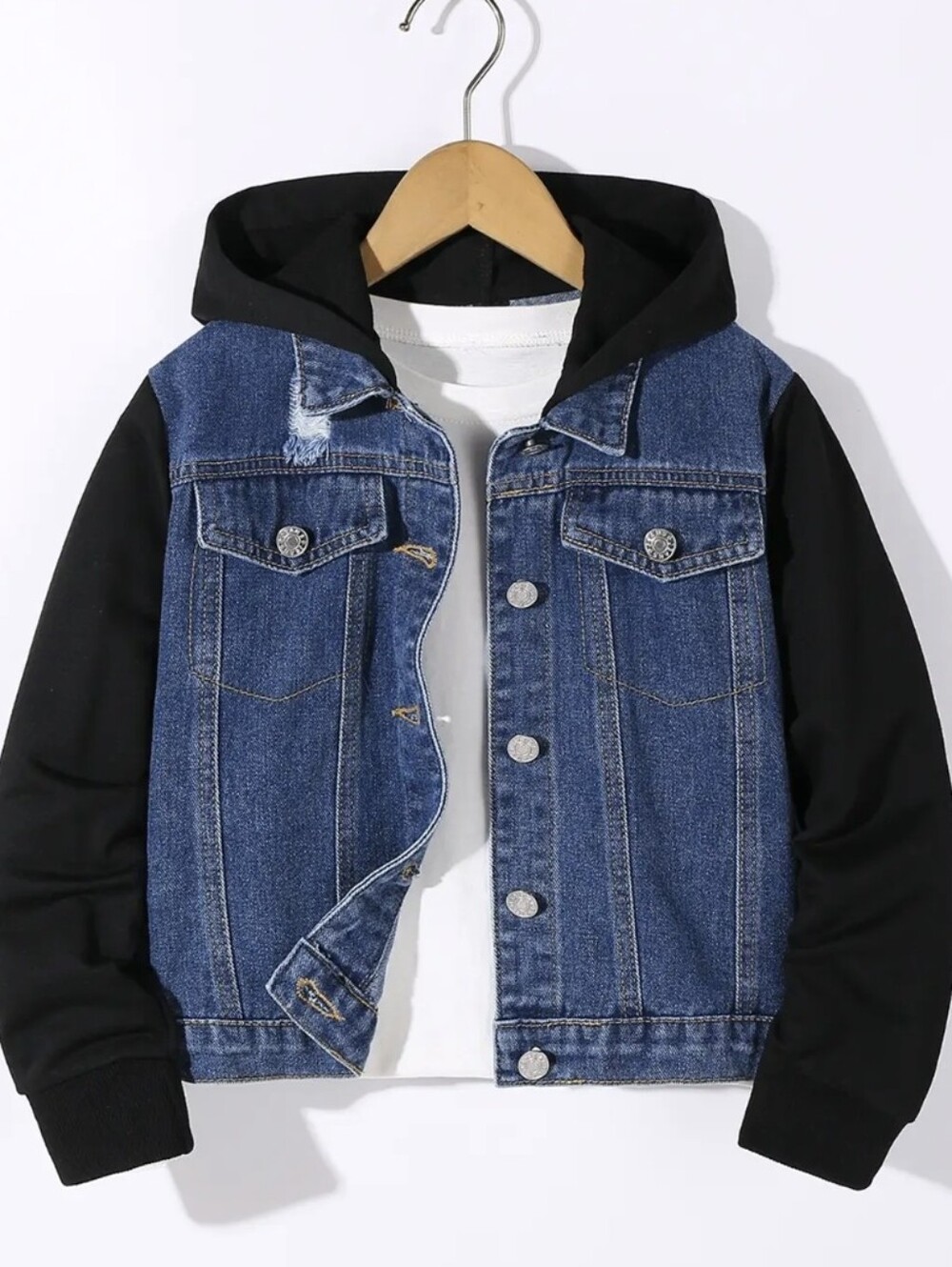 SHEIN Blue Denim Jacket with Black Hoodie Sleeves